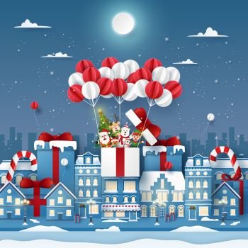 Origami Paper art of cute Christmas character on balloon in town with snowing, Merry Christmas and Happy New Year