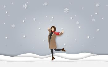 Paper art and craft style of winter season, A happy woman wearing clothes and scarf standing on snow floor with snowing, welcome winter season