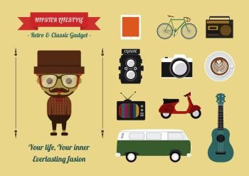 hipster’s item, retro and classic gadget, pastel flat style