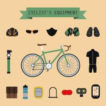 set of bicycle accessories, flat style