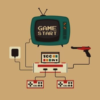 set of retro game player and television