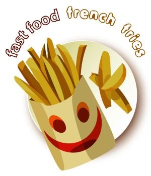 Appetizing french fries in a smiling envelope on a plate. Transparent background and inscription