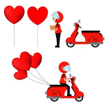 cute character riding vehicle to send love isolated on white background , love delivery , balloon heart , vector illustration copy space