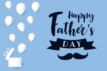 Happy father’s day calligraphy greeting card paper art , gift box surprise balloon flying , vector lettering background. illustration