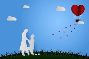 Illustration Young couple dating in Valentine day , Man kneeling to propose married to woman. Paper Heart shape balloon floating in the sky . Paper Sculpture art Style , Vector