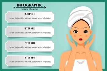 Illustration character skin care , healthy , cosmetic , infographic beauty woman character steps , vector