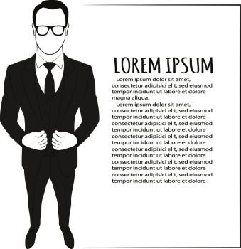 Standing businessman isolated on white background vector illustration. Business man dressed in suit without face. Portrait of Full length with copy space for message. Vector image of standing businessman