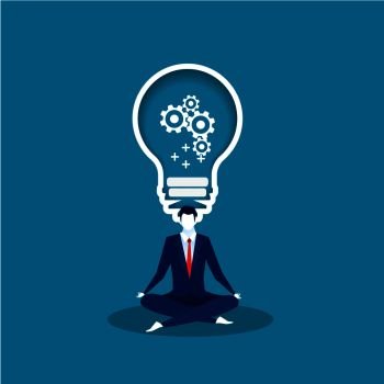 businessman sitting in lotus pose meditation with light bulb. concept of creative thinking. vector illustration