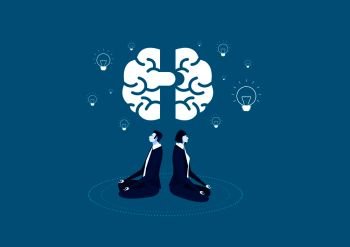 woman and man sit with crossed legs and meditate with brain and Light bulb vector.