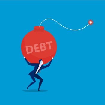 businessman with carrying debt bomb. flat vector illustration