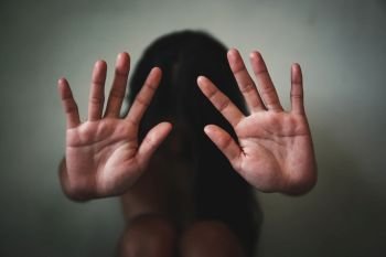 Women bondage lift hands against violence against women, international women’s day.