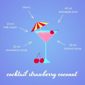 cocktail recipe, ingredients, strawberry coconut glass cherry. cocktail recipe, ingredients, strawberry coconut, glass