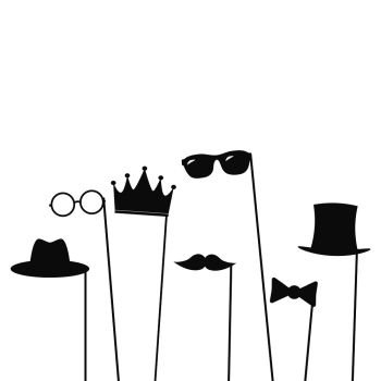 Glasses, crown, mustaches, hats, gentelmens icons set on a stick. Vector. Glasses, crown, mustaches, hats, gentelmens icons set on a stick
