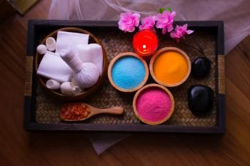Spa treatments .Salt spa,salt in bowl for spa treatment.Thai spa massage   