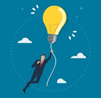 businessman holding a light bulb flying in the sky, creative concepts