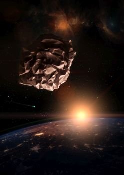 Garbage in space concept. Crumbled paper meteorite over the dark planet Earth at sunrise. A nebula appears in the distance and a comet is running in the space.