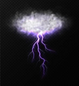 Realistic cloud with thunderbolt isolated on transparent background. Realistic thunderstorm with purple lightning. Weather vector illustration.. Realistic cloud with thunderbolt isolated on transparent background.