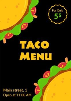 Mexican cuisine tasty taco fastfood menu. Restaurant or cafe party flyer with two flat tacos with beaf and chicken, tomato, salad and meat sauce. Vector illustration for traditional taco tuesday. Mexican cuisine tasty taco fastfood menu template