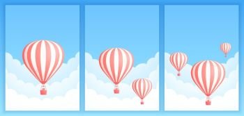 Hot air balloon cloud scape vector illustration. Collection of carnival design or romantic adventure offer with red striped hot air balloons in white cloud on summer blue sky. Clipping mask applied.. Hot air balloon cloud scape promo banner template