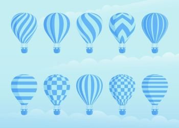 Collection of duotone vector hot air balloons. Zig zags, wavy lines, striped or checkered patterns on vintage style hot air balloon with basket at cloud background for sky holiday adventure design. Collection of duotone vector hot air balloons