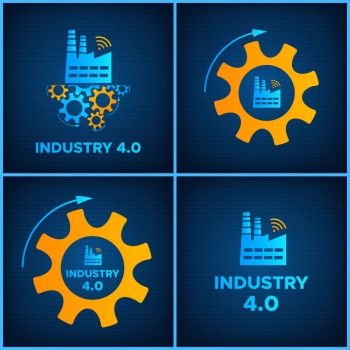 Factory and gear industry 4.0 concept set vector illustration. Manufacturing digital technology background design collection with blue factory icon, orange gear mechanism and sign INDUSTRY 4.0. Factory and gears icon industry 4.0 concept set