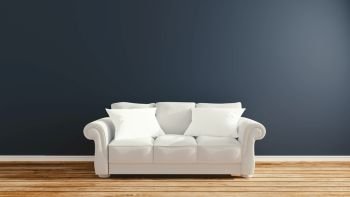 Empty room interior design, sofa and pillow on dark wall background. 3D rendering