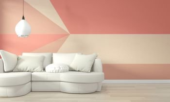 Ideas of living coral living room Geometric Wall Art Paint Design color full style on wooden floor.3D rendering