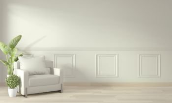Empty modern contemporary room and design wall with molding, sofa armchair and decoration plants.3D rendering