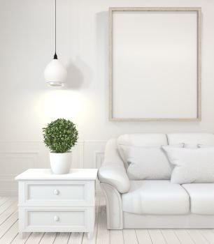 Interior poster mock up with  empty wooden frames, sofa, plant and lamp in empty room with white wall. 3D rendering