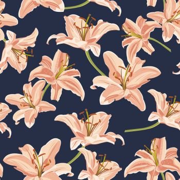 Lily flower seamless pattern on blue background, Orange lily floral vector illustration