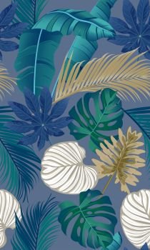 Luxury seamless pattern with tropical leaves on dark blue background