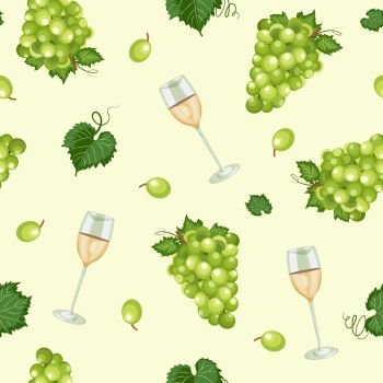 Grape bunch seamless pattern with white wine glasses on green background, White grapes pattern background, White wine vector illustration.