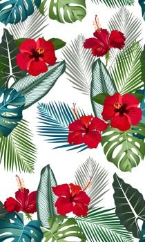 Seamless vector pattern tropical leaves with red hibiscus flower on white background