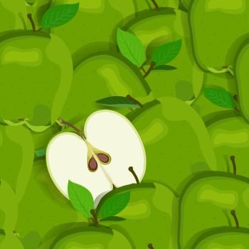 Apple pile seamless pattern and half. Green apples fruits vector illustration.