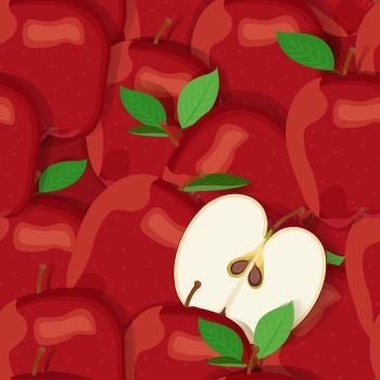Apple pile seamless pattern and half. Red apples fruits vector illustration.