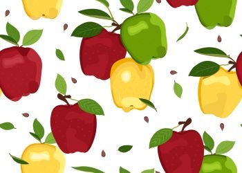 Apple colorful seamless pattern on white background. Red, Green and Yellow apples fruits vector illustration.