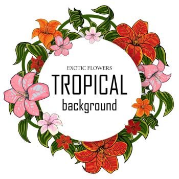 Tropical vector illustration with place for your text lily flowers and leaves isolated on white background. Tropical illustration with place for your text lily flowers and leaves isolated on white background Vector illustrations