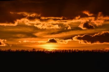 Dramatic cloudy orange sunset in the countryside over a line of trees