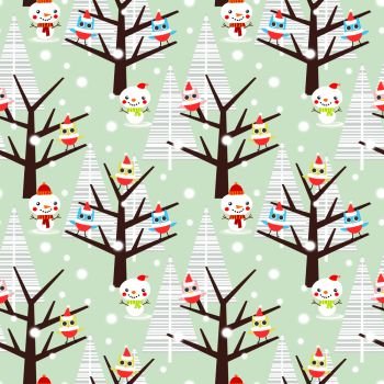 Cute owl and snowman in Christmas season seamless pattern.