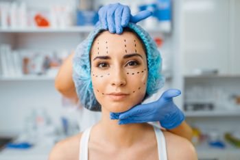 Cosmetician and female patient with markers on her face. Rejuvenation procedure in beautician salon. Cosmetic surgery against wrinkles, preparation to botox
