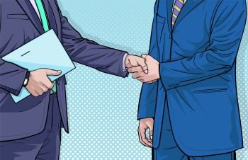 Businessmen 2 Business people shake hands Illustration vector On pop art comics style Abstract dots background