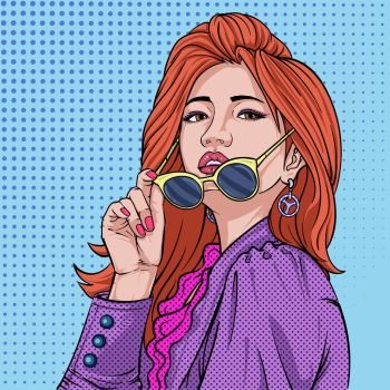 Beautiful girl makeup hairdressing and fashion sunglasses Summer Illustration vector On pop art comics style Abstract dot colorful background