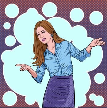 A beautiful woman raises her hand to present the story Business caption Illustration vector On pop art comics style Abstract dots background