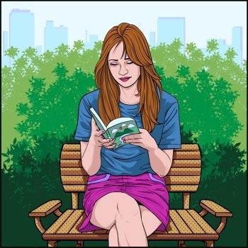 A beautiful woman sitting reading a book in the garden Illustration vector On pop art comic style Colorful city background