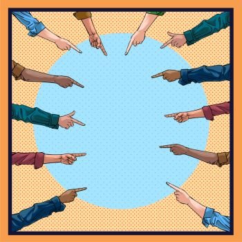 The hands of people point to the same destination Comment on results Illustration vector On pop art comic style Abstract background