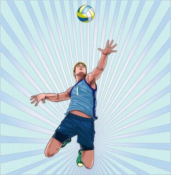A man plays volleyball to jump high as point Illustration vector On pop art comics style Abstract dot background
