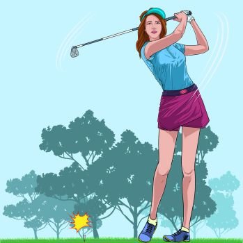 Beautiful women playing golf on vacation Happy gesture Illustration vector On pop art comic style Natural colorful background