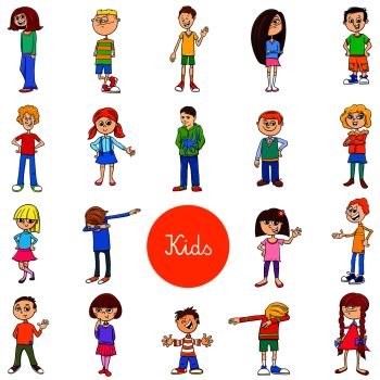 Cartoon Illustration of Children and Teenagers Characters Large Set