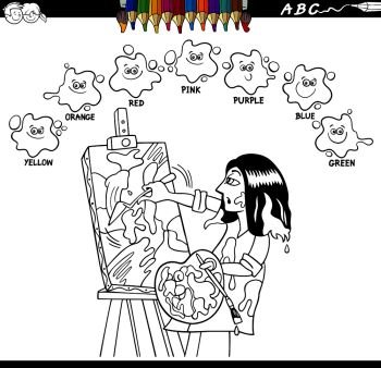 Black and White Cartoon Illustration of Basic Colors Educational Worksheet with Artist Painter Character Coloring Book