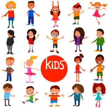 Cartoon Illustration of Cute Children and Teenagers Characters Large Set